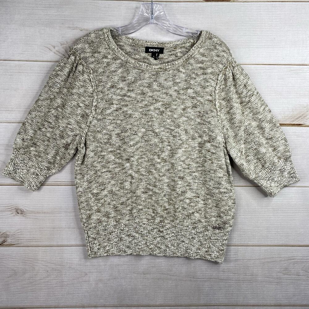 DKNY Sweater Top XL Green Heather Cable Knit 3/4 Sleeve Pullover Cotton Blend